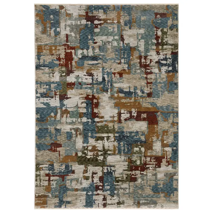 8' X 11' Beige Rust And Teal Abstract Distressed Area Rug With Fringe