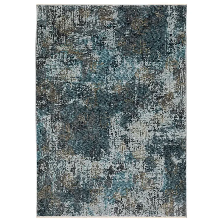 7' X 10' Blue And Gray Abstract Distressed Area Rug With Fringe