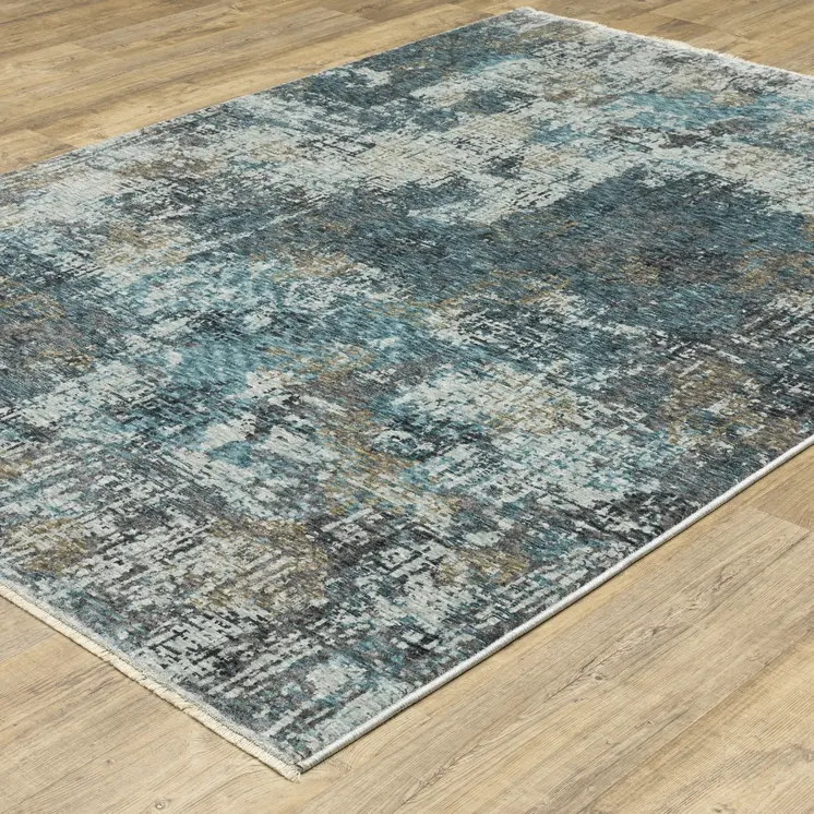 8' X 11' Blue And Gray Abstract Distressed Area Rug With Fringe