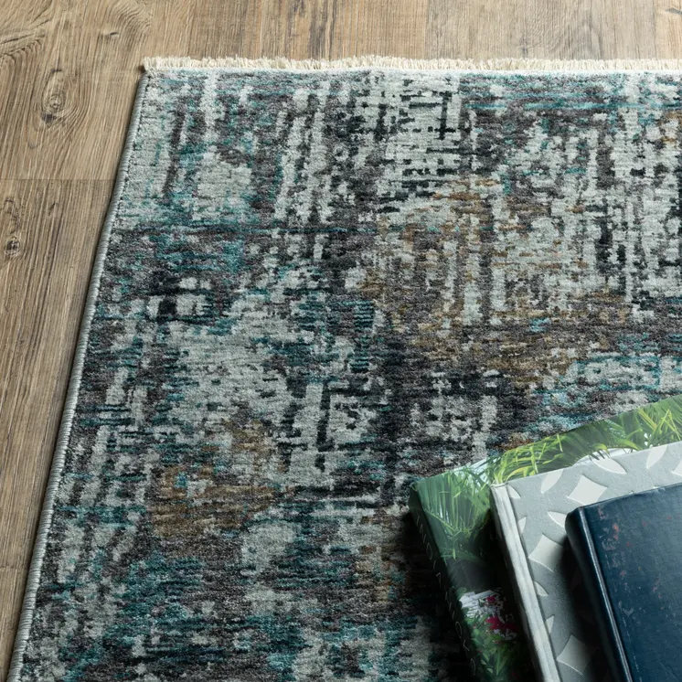 8' X 11' Blue And Gray Abstract Distressed Area Rug With Fringe