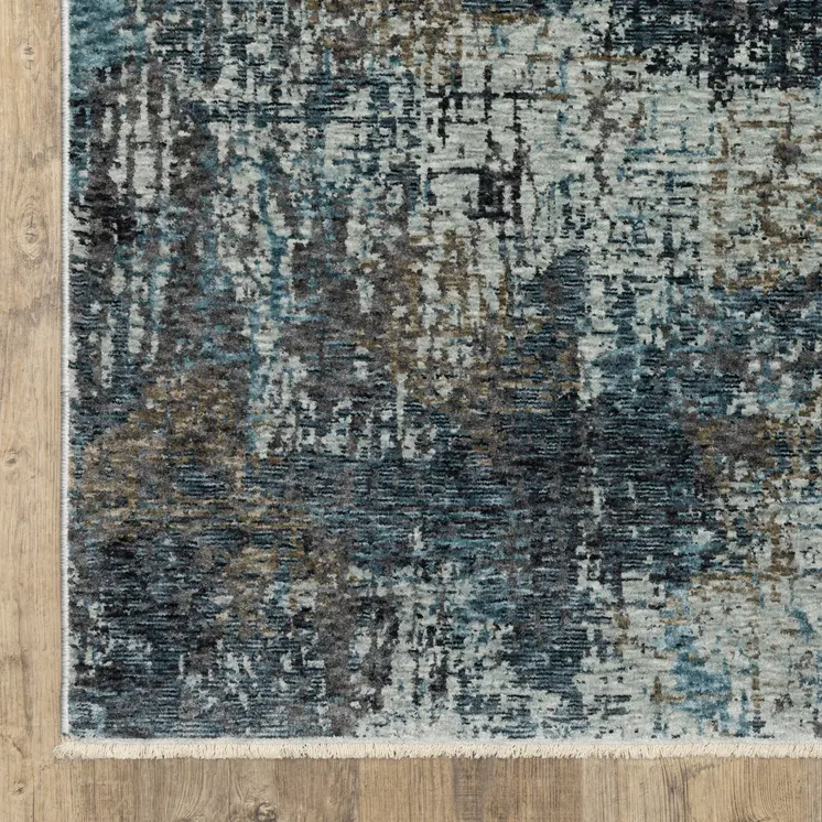 8' X 11' Blue And Gray Abstract Distressed Area Rug With Fringe