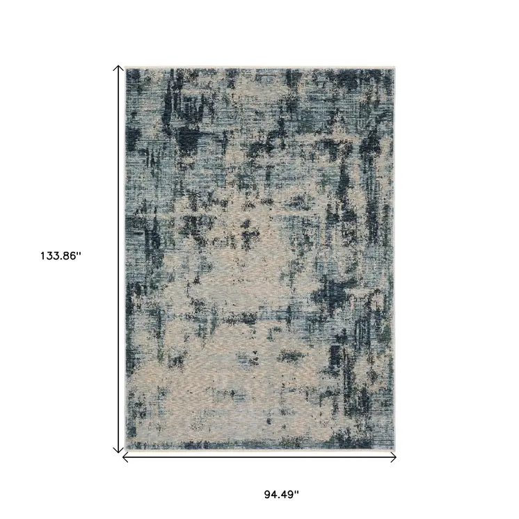 8' X 11' Beige And Blue Abstract Distressed Area Rug With Fringe
