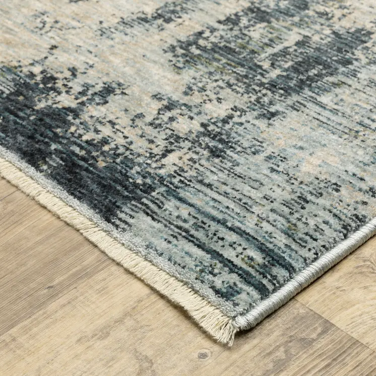 8' X 11' Beige And Blue Abstract Distressed Area Rug With Fringe