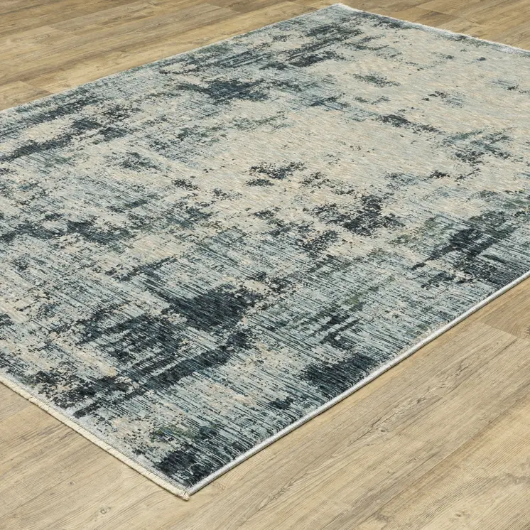 8' X 11' Beige And Blue Abstract Distressed Area Rug With Fringe