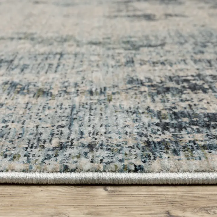 8' X 11' Beige And Blue Abstract Distressed Area Rug With Fringe