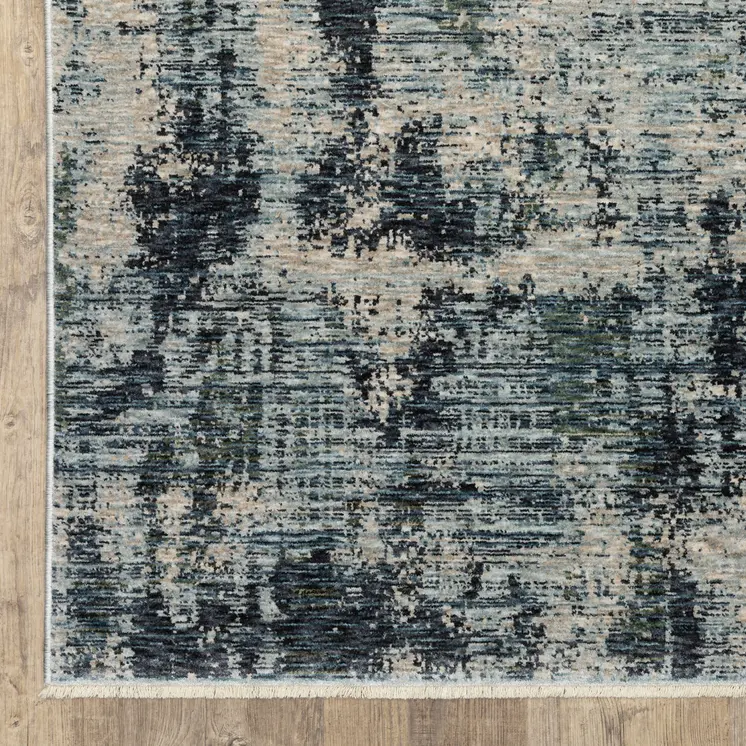 8' X 11' Beige And Blue Abstract Distressed Area Rug With Fringe