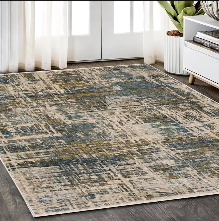 5' X 8' Blue And Gold Abstract Distressed Area Rug With Fringe