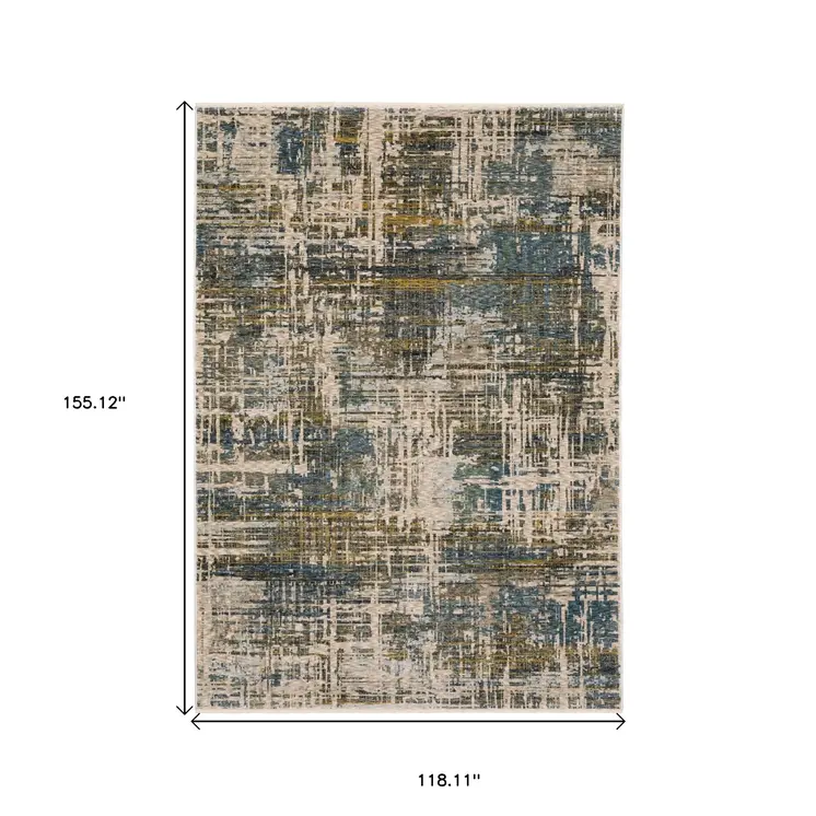 10' X 13' Blue And Gold Abstract Distressed Area Rug With Fringe