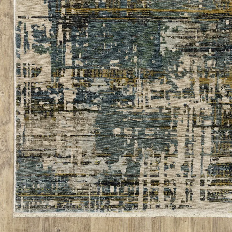 7' X 10' Blue And Gold Abstract Distressed Area Rug With Fringe