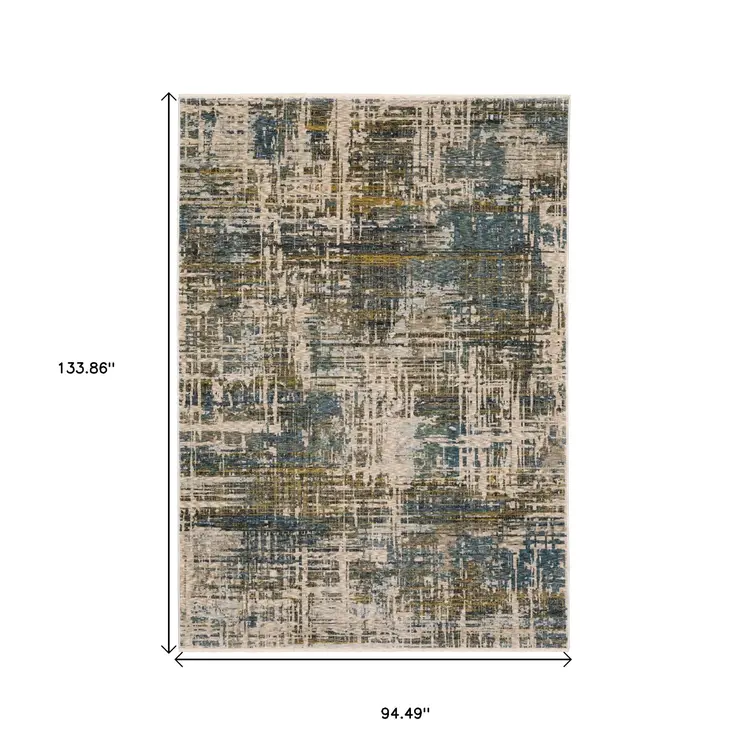 8' X 11' Blue And Gold Abstract Distressed Area Rug With Fringe