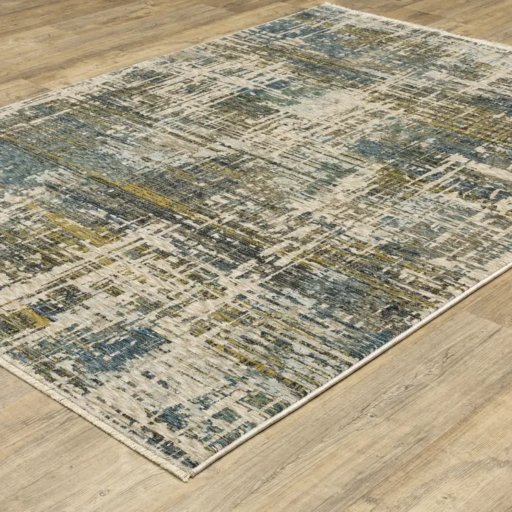 8' X 11' Blue And Gold Abstract Distressed Area Rug With Fringe