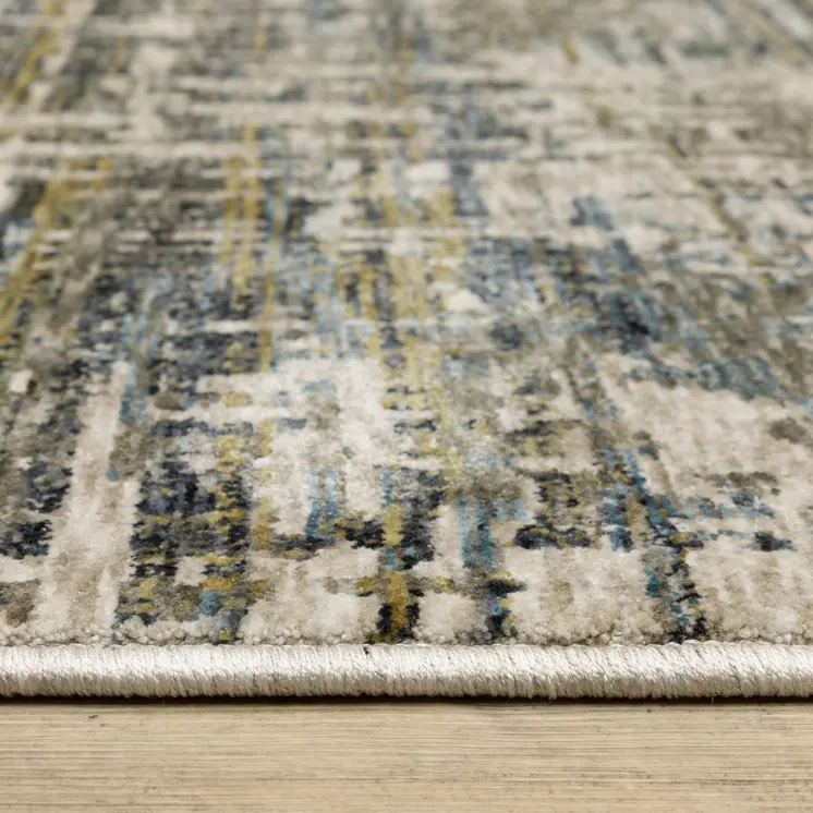 8' X 11' Blue And Gold Abstract Distressed Area Rug With Fringe
