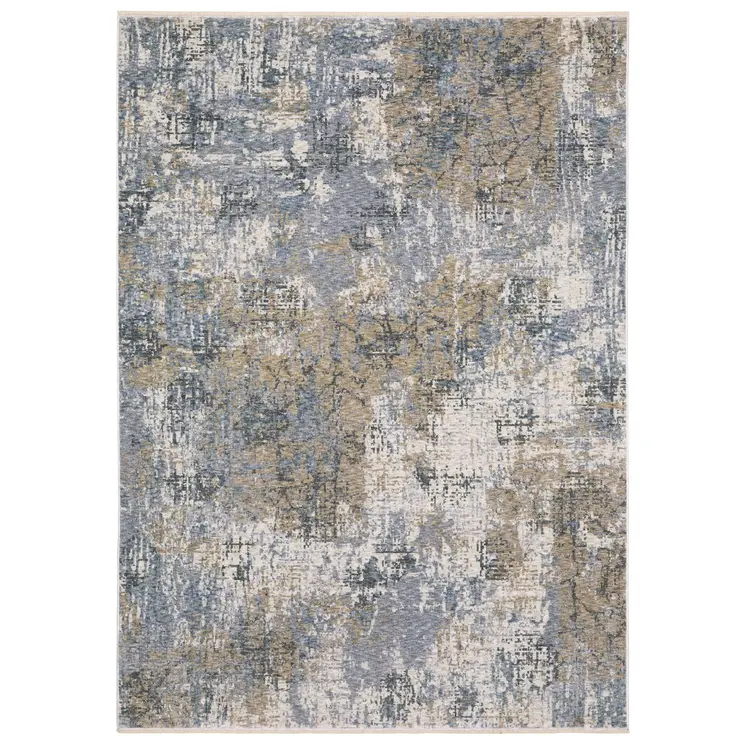 5' X 8' Beige And Blue Abstract Distressed Area Rug With Fringe