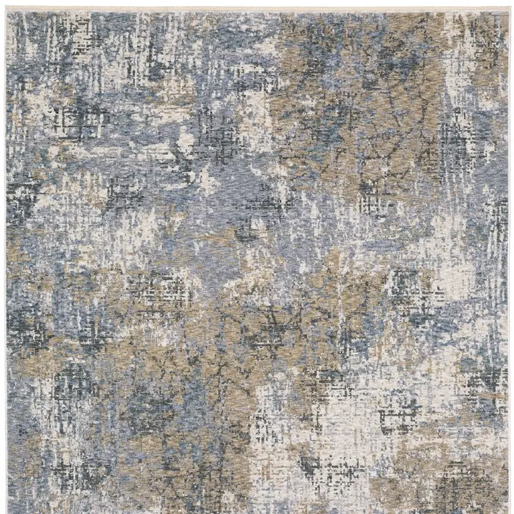 10' X 13' Beige And Blue Abstract Distressed Area Rug With Fringe
