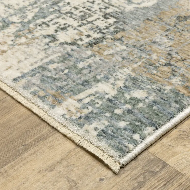 10' X 13' Beige And Blue Abstract Distressed Area Rug With Fringe