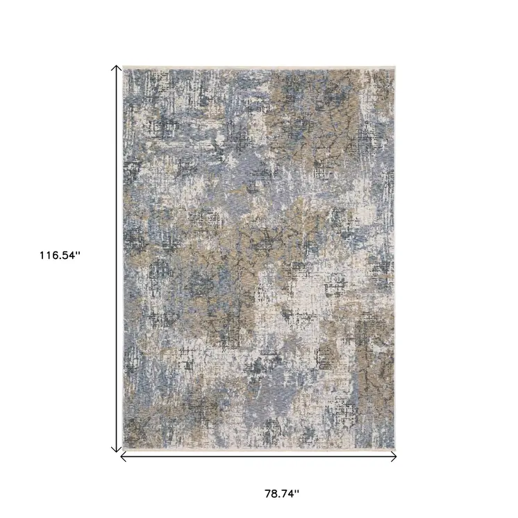 7' X 10' Beige And Blue Abstract Distressed Area Rug With Fringe