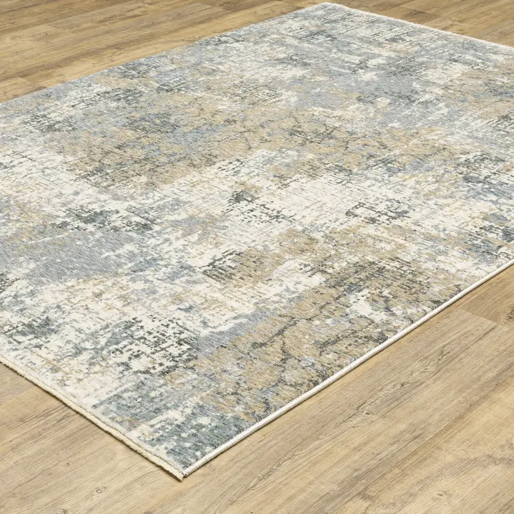 7' X 10' Beige And Blue Abstract Distressed Area Rug With Fringe