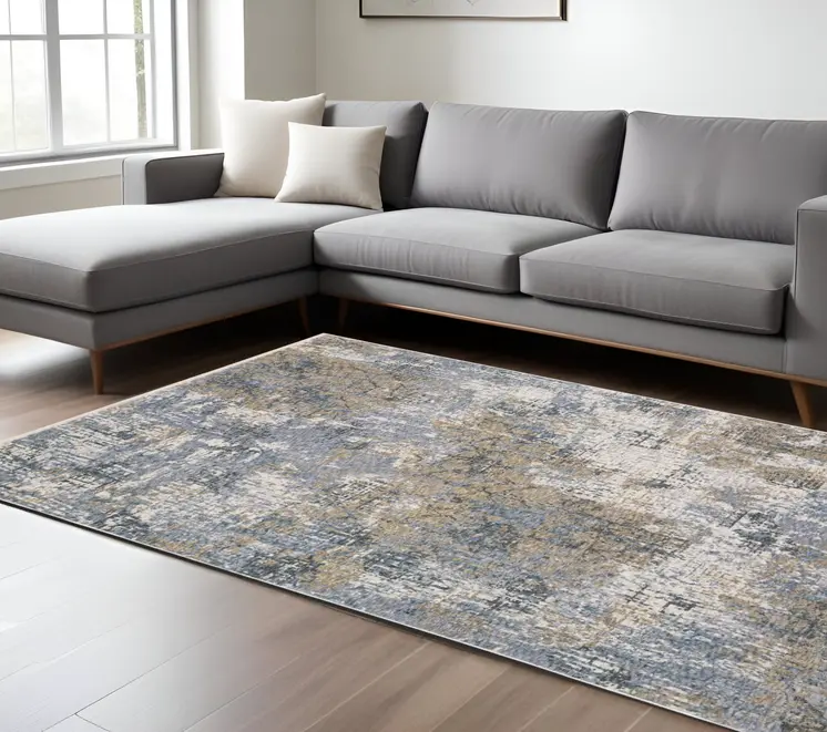8' X 11' Beige And Blue Abstract Distressed Area Rug With Fringe