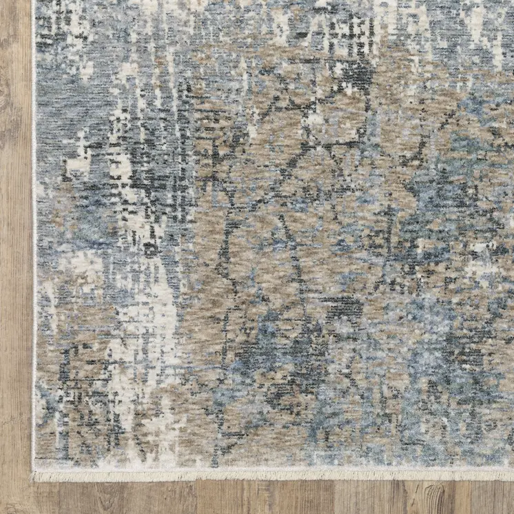 8' X 11' Beige And Blue Abstract Distressed Area Rug With Fringe
