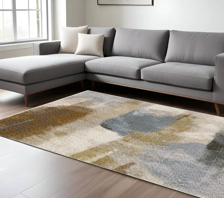 7' X 10' Beige And Rust Abstract Distressed Area Rug With Fringe