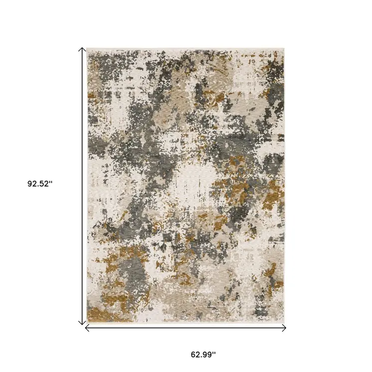 5' X 8' Beige And Gray Abstract Distressed Area Rug With Fringe