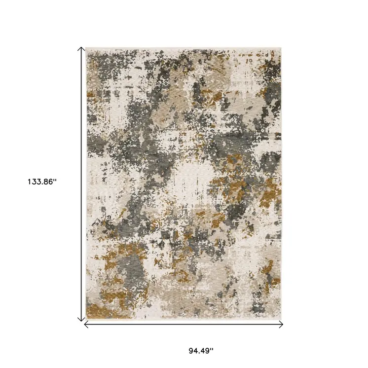 8' X 11' Beige And Gray Abstract Distressed Area Rug With Fringe