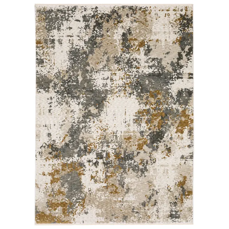 8' X 11' Beige And Gray Abstract Distressed Area Rug With Fringe