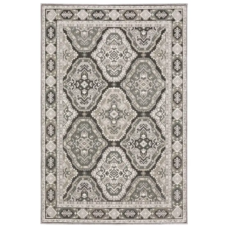 10' X 13' Blue Ivory And Charcoal Medallion Area Rug