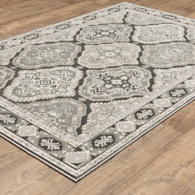 10' X 13' Blue Ivory And Charcoal Medallion Area Rug