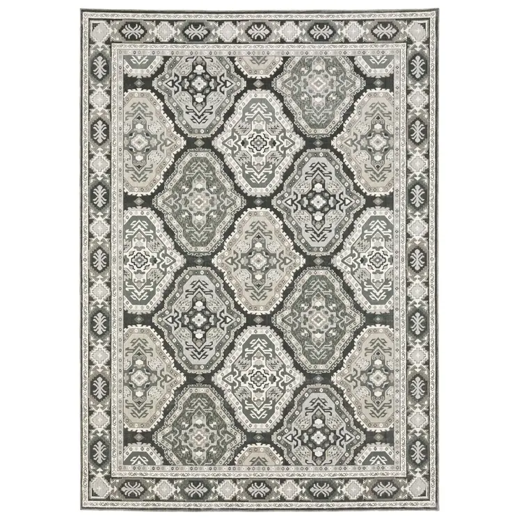 8' X 11' Blue Ivory And Charcoal Medallion Area Rug
