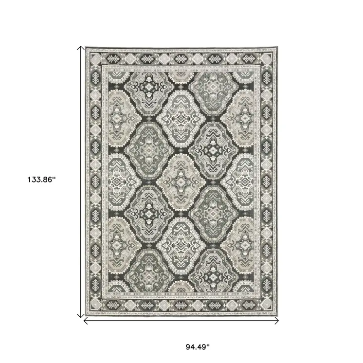 8' X 11' Blue Ivory And Charcoal Medallion Area Rug