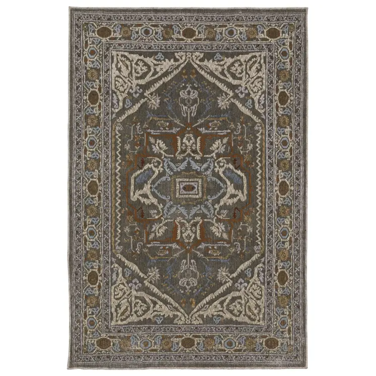4' X 6' Blue Green And Ivory Medallion Area Rug