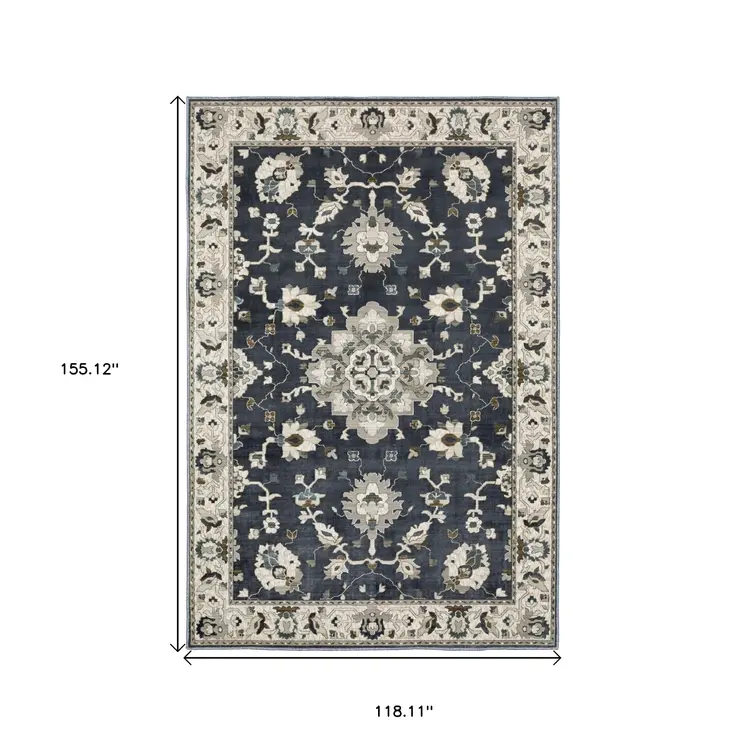 10' X 13' Blue Ivory And Gray Oriental Area Rug