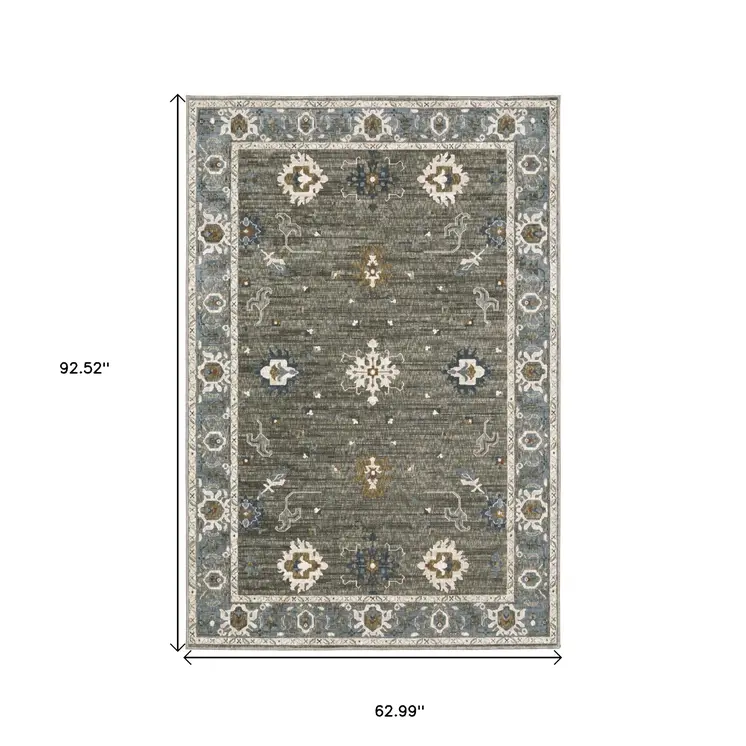 5' X 8' Blue Ivory And Gray Oriental Area Rug