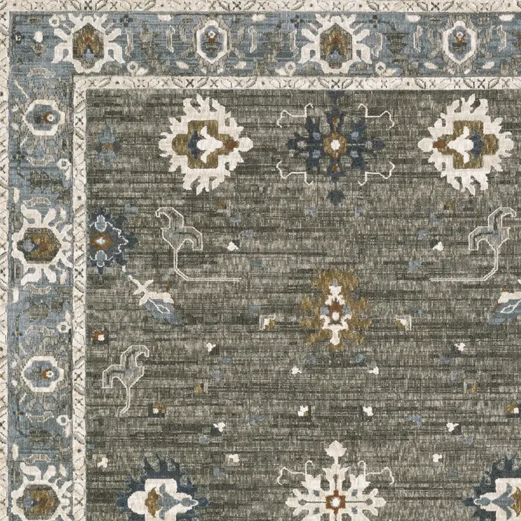 5' X 8' Blue Ivory And Gray Oriental Area Rug