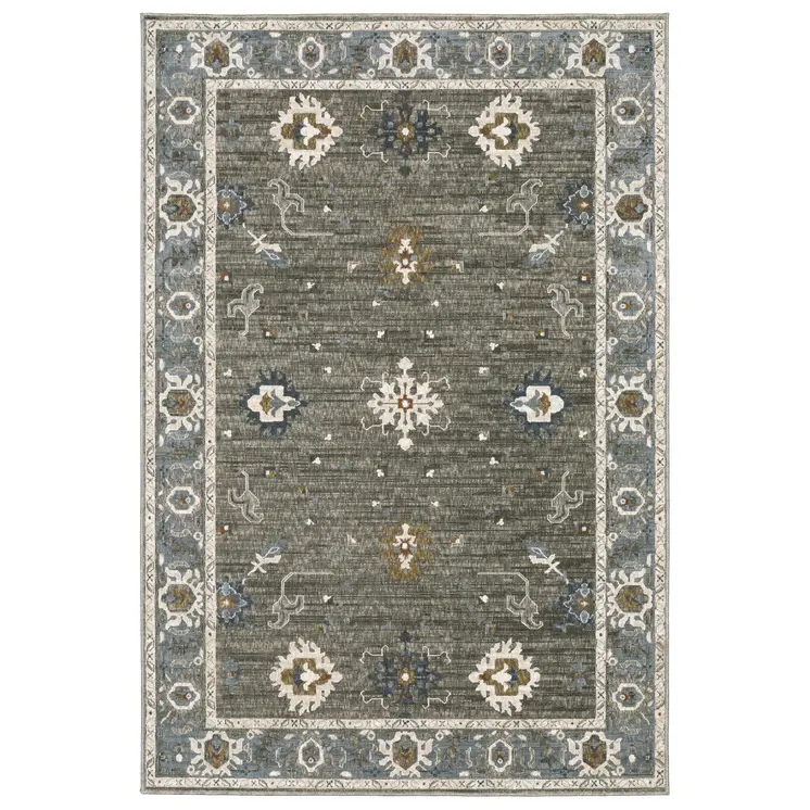 5' X 8' Blue Ivory And Gray Oriental Area Rug