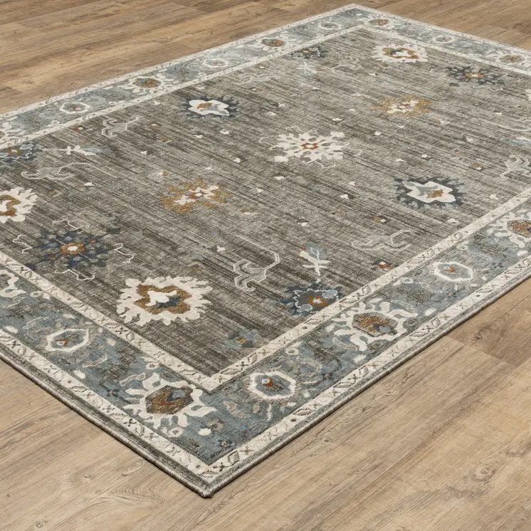 5' X 8' Blue Ivory And Gray Oriental Area Rug