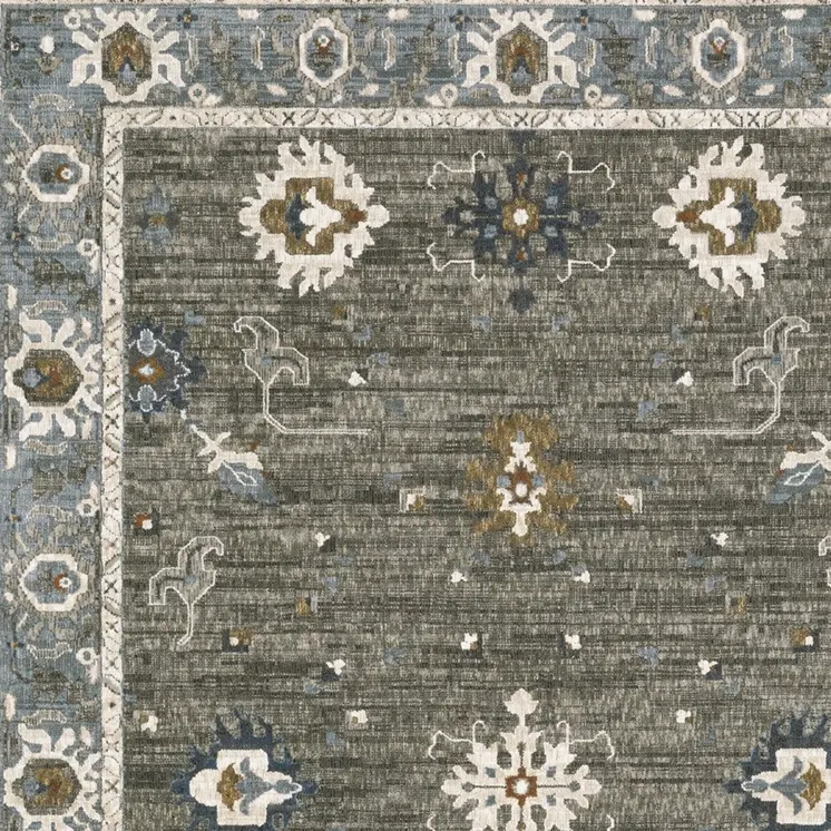 10' X 13' Blue Ivory And Gray Oriental Area Rug