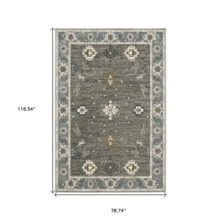 7' X 10' Blue Ivory And Gray Oriental Area Rug