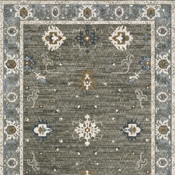 7' X 10' Blue Ivory And Gray Oriental Area Rug