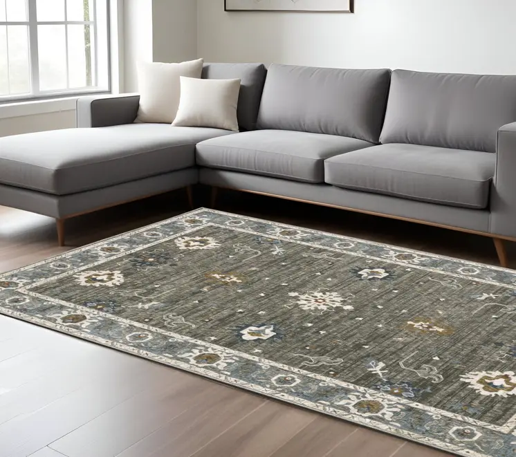 7' X 10' Blue Ivory And Gray Oriental Area Rug