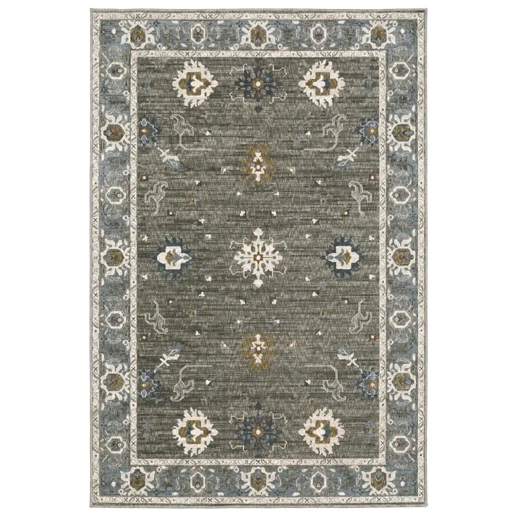7' X 10' Blue Ivory And Gray Oriental Area Rug