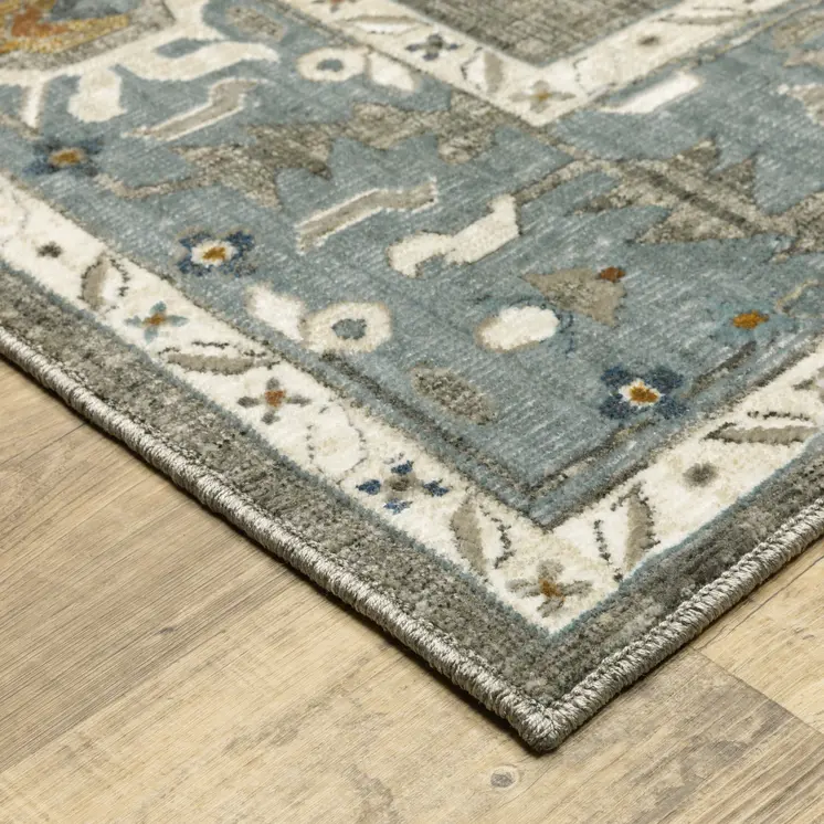 7' X 10' Blue Ivory And Gray Oriental Area Rug