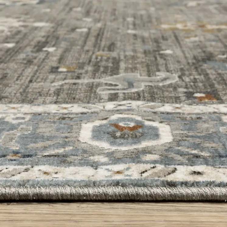 7' X 10' Blue Ivory And Gray Oriental Area Rug