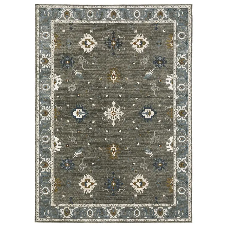 8' X 11' Blue Ivory And Gray Oriental Area Rug