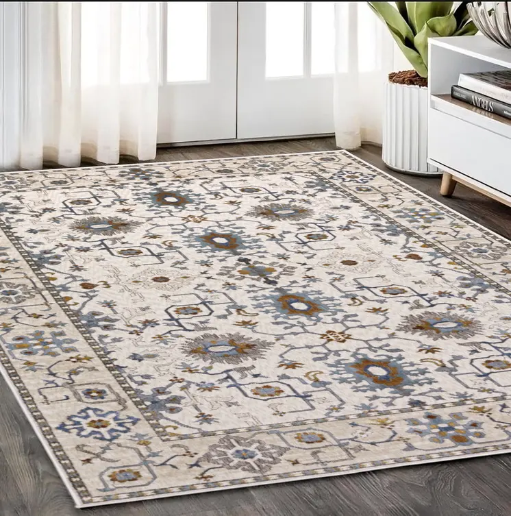 5' X 8' Ivory Burnt Orange And Blue Oriental Area Rug