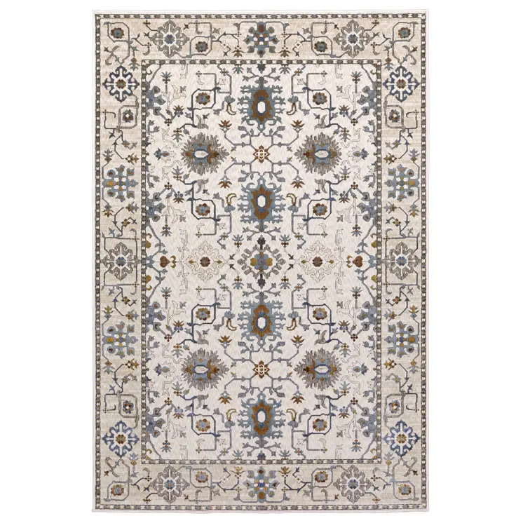 5' X 8' Ivory Burnt Orange And Blue Oriental Area Rug