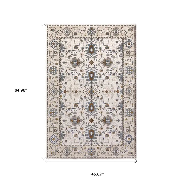 4' X 6' Ivory Burnt Orange And Blue Oriental Area Rug