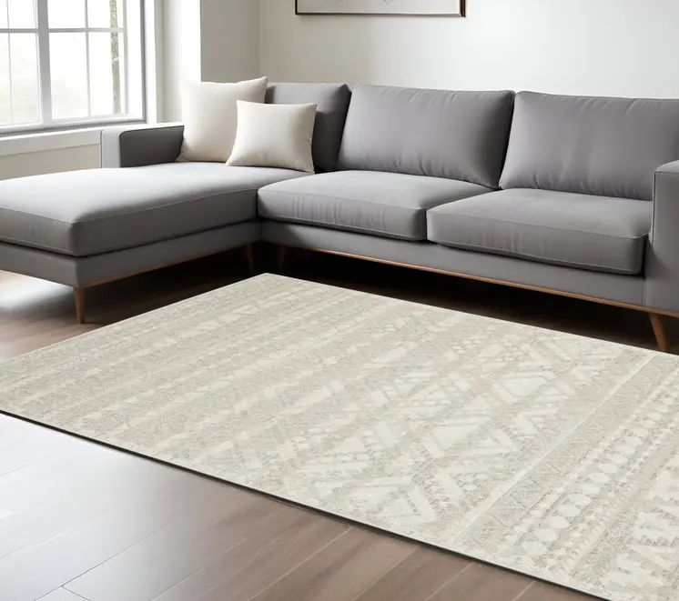 7' X 10' Beige And Ivory Tribal Area Rug
