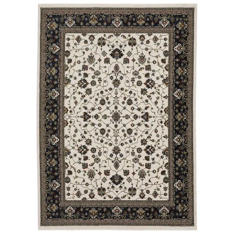 7' X 10' Ivory Oriental Area Rug With Fringe